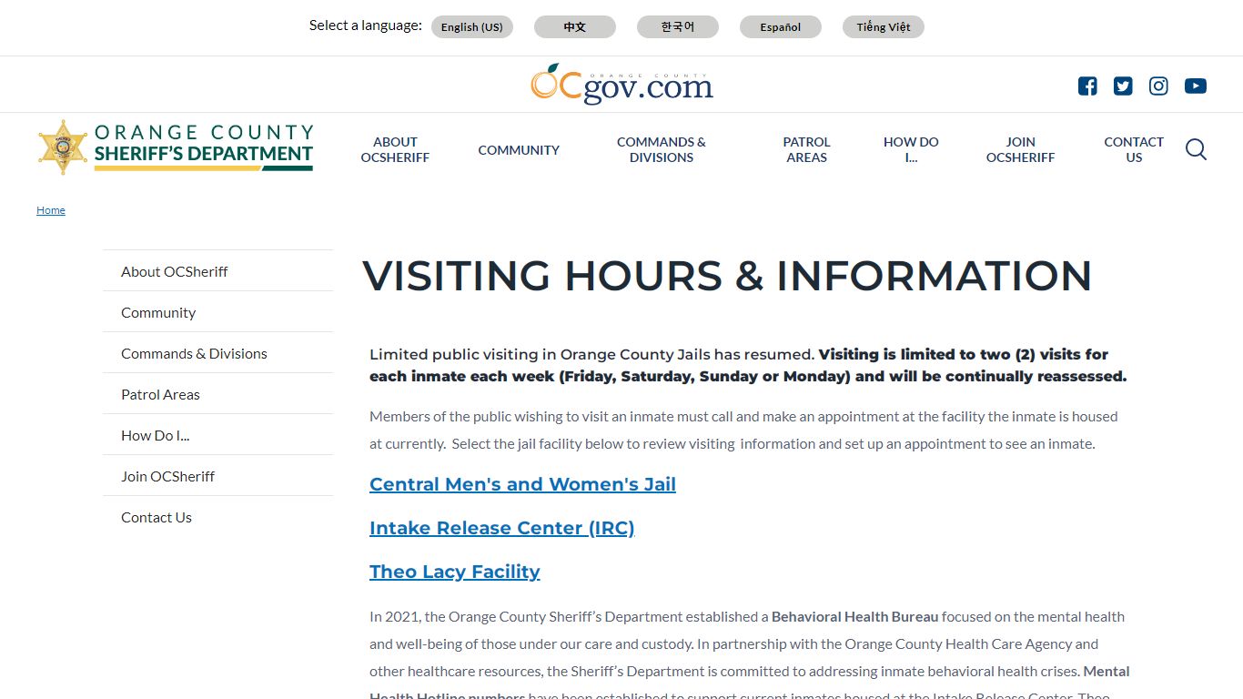 Visiting Hours & Information | Orange County California - Sheriff's ...